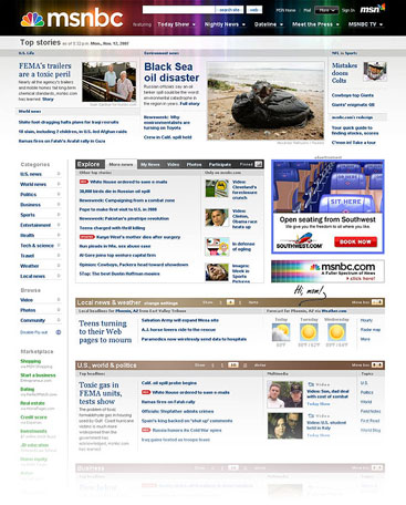 Screen showing the new msnbc.com