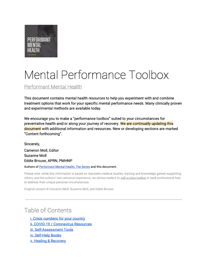 Mental Performance Toolbox, a shared Google doc containing many resources on mental health