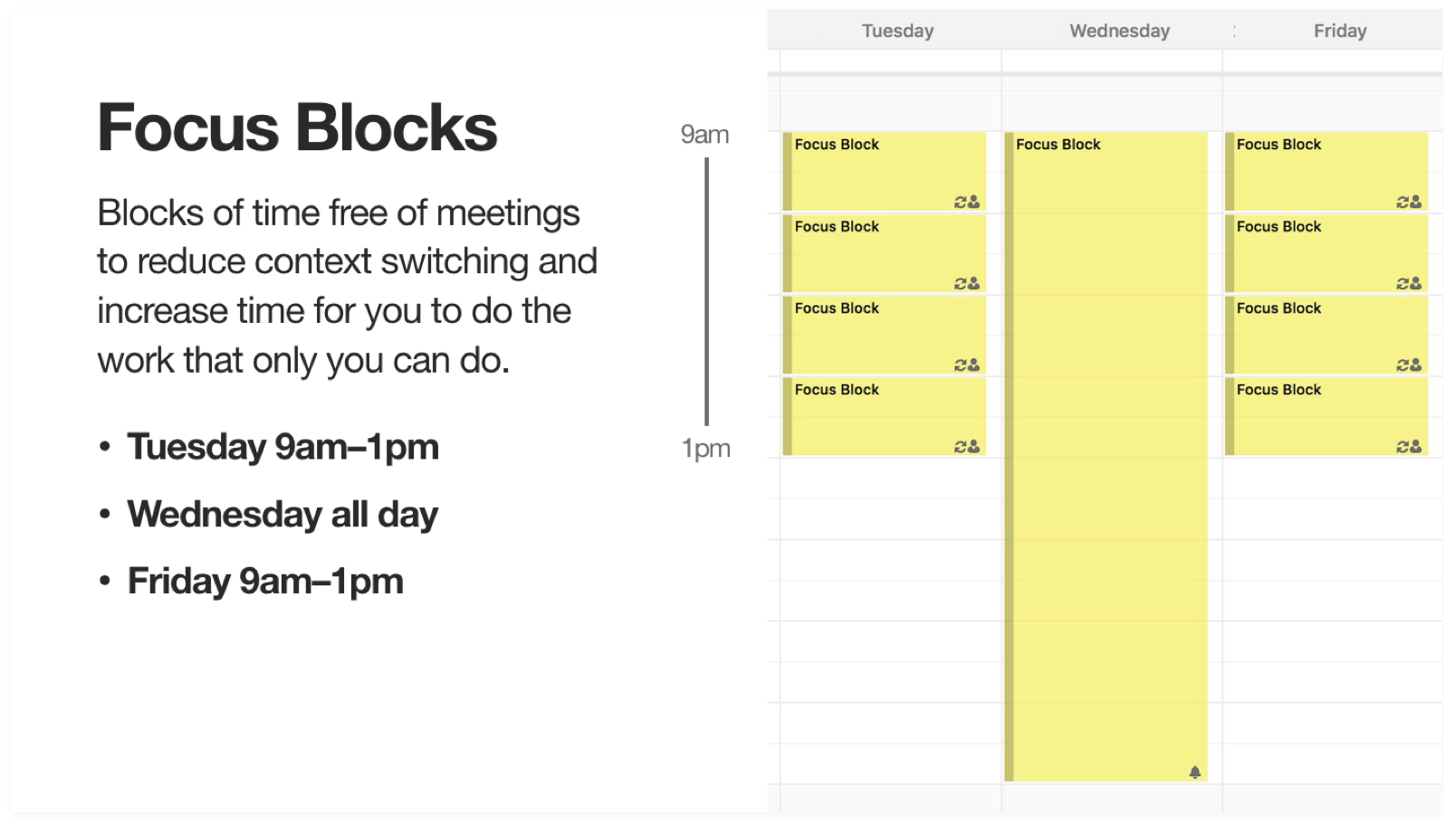 Screenshot showing focus block times 9am to 1pm on Tuesdays and Fridays, all day Wednesdays