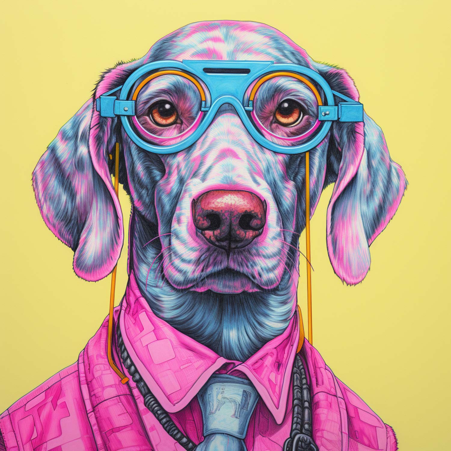 Midjourney prompt: intelligent dog wearing glasses, risograph