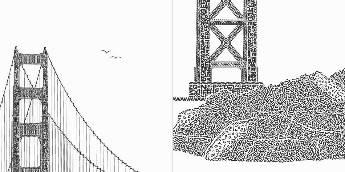 Detail showing one tower with birds, one tower with rocky shore in the foreground