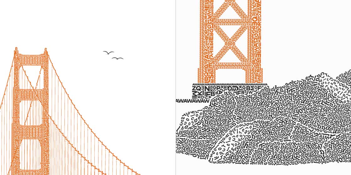 Detail showing one tower with birds, one tower with rocky shore in the foreground